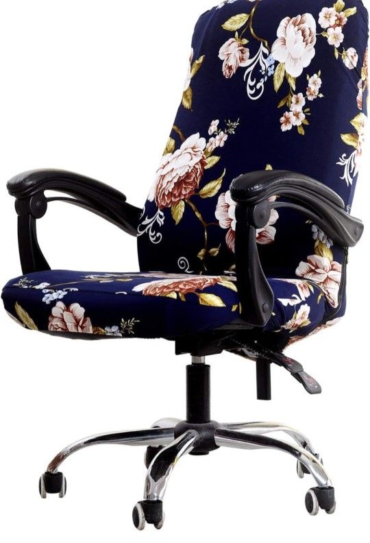 Navy Flower Office Chair Cover Durable Zipper, Printed Washable Stretchable 