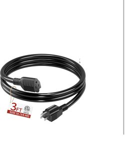 16/3 Short Extension Cord 3 FT 1 Pack, Black Extension Cord Flexible & Durable, Indoor 3 Prong Power Cable, Suitable for Home and Office, 13 Amp 1625 