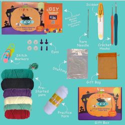 Crochet Kit for Beginners, Complete DIY Crochet Kit with Pre-Started Tape Yarn Step-by-Step Video Tutorials, Including Extra Hook, Scissors and Gift B