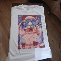 white t-shirt featuring fan art of Remilia Scarlet from the Touhou Project series. 