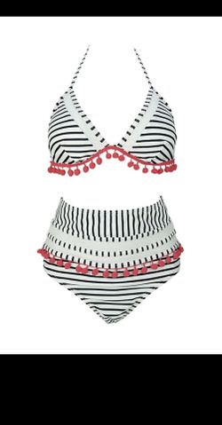 COCOSHIP Mesh Striped High Waist Bikini Tassel Trim Halter Strap Swimsuit Stripe