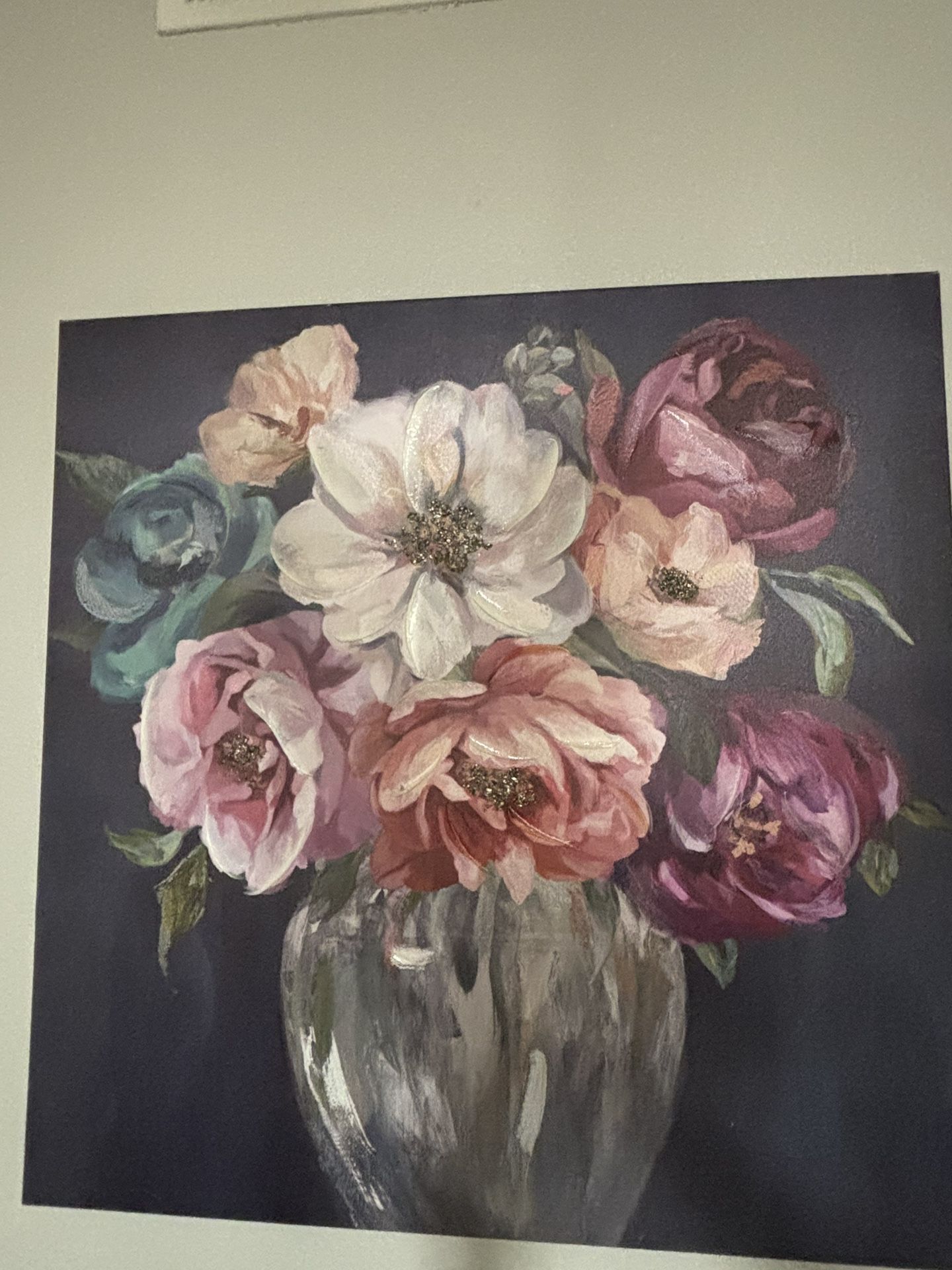 Floral Canvas Wall Art – Textured & Glitter Accents – 24”x24”