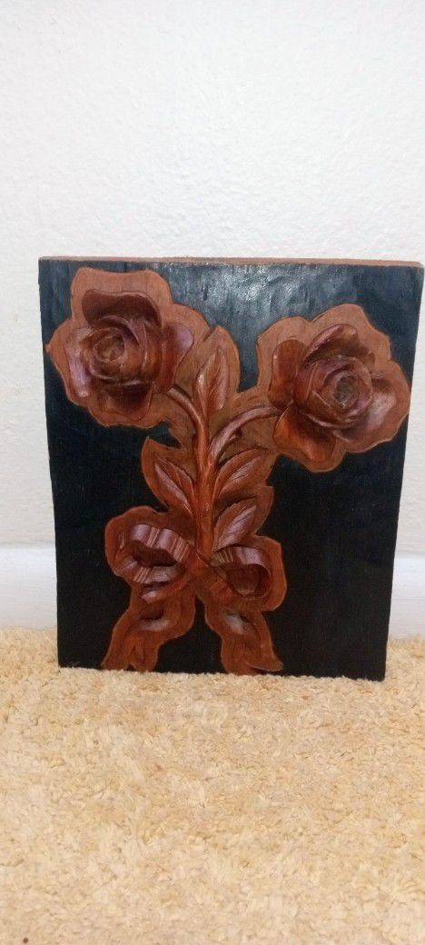 Hand Carved Wood Rose Plaque 