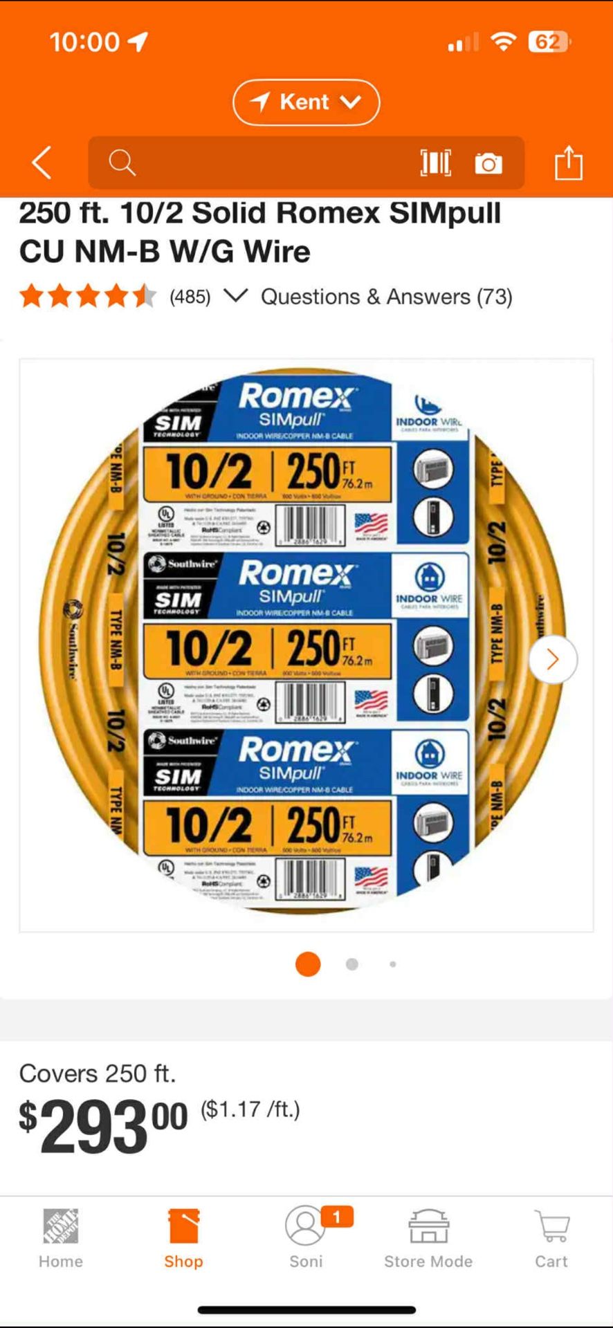 250 ft. 10/2 Solid Romex SIMpull CU NM-B W/G Wire