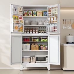 75" H Tall Metal Farmhouse Kitchen Pantry Storage Cabinet, Freestanding Storage Cabinets with Magnetic Doors and Adjustable Shelves, White Four-Door P