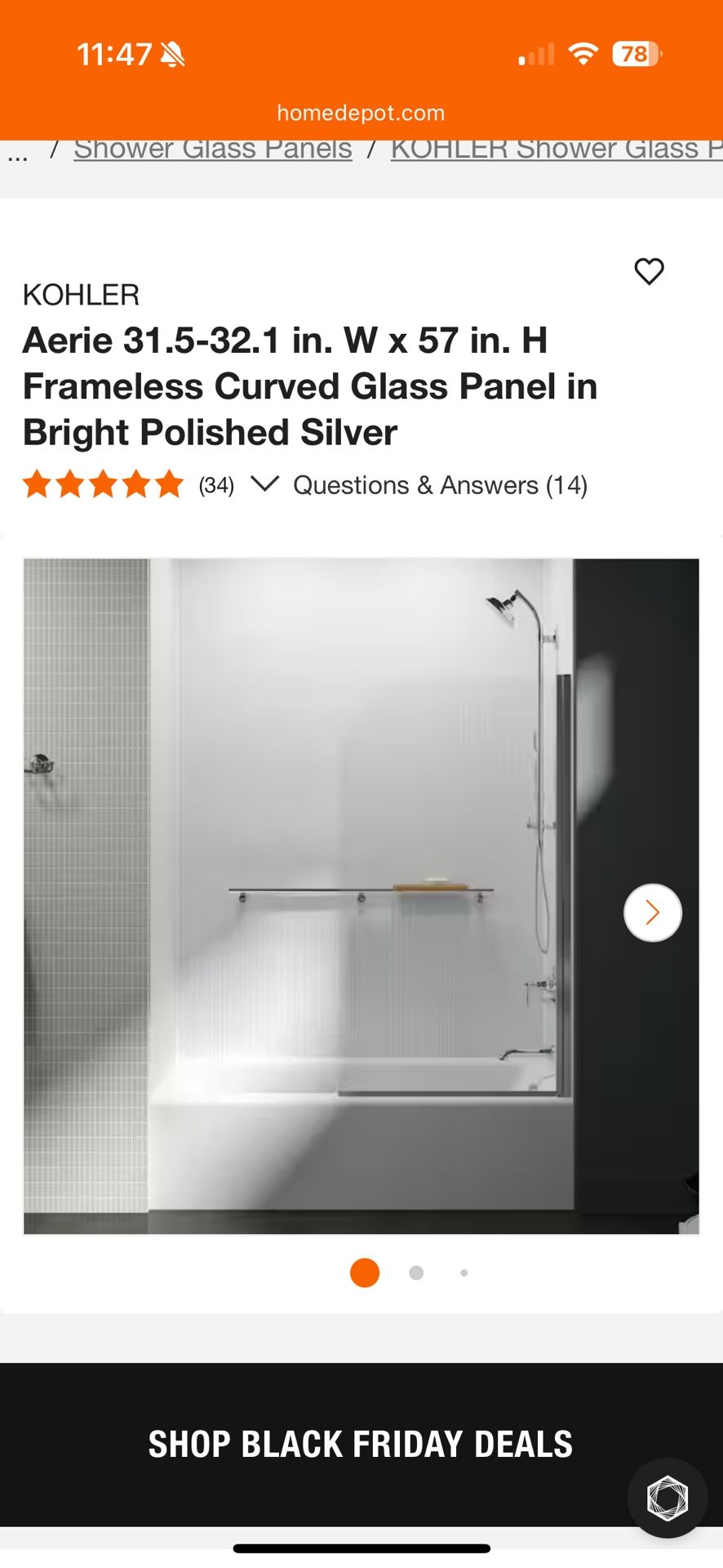 Kohler Aerie Frameless Glass Swinging Panel Tub/Shower