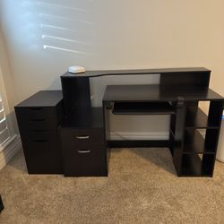 Black Brown Wood Computer Desk Printer Shelf, Drawers, Storage, Shelves