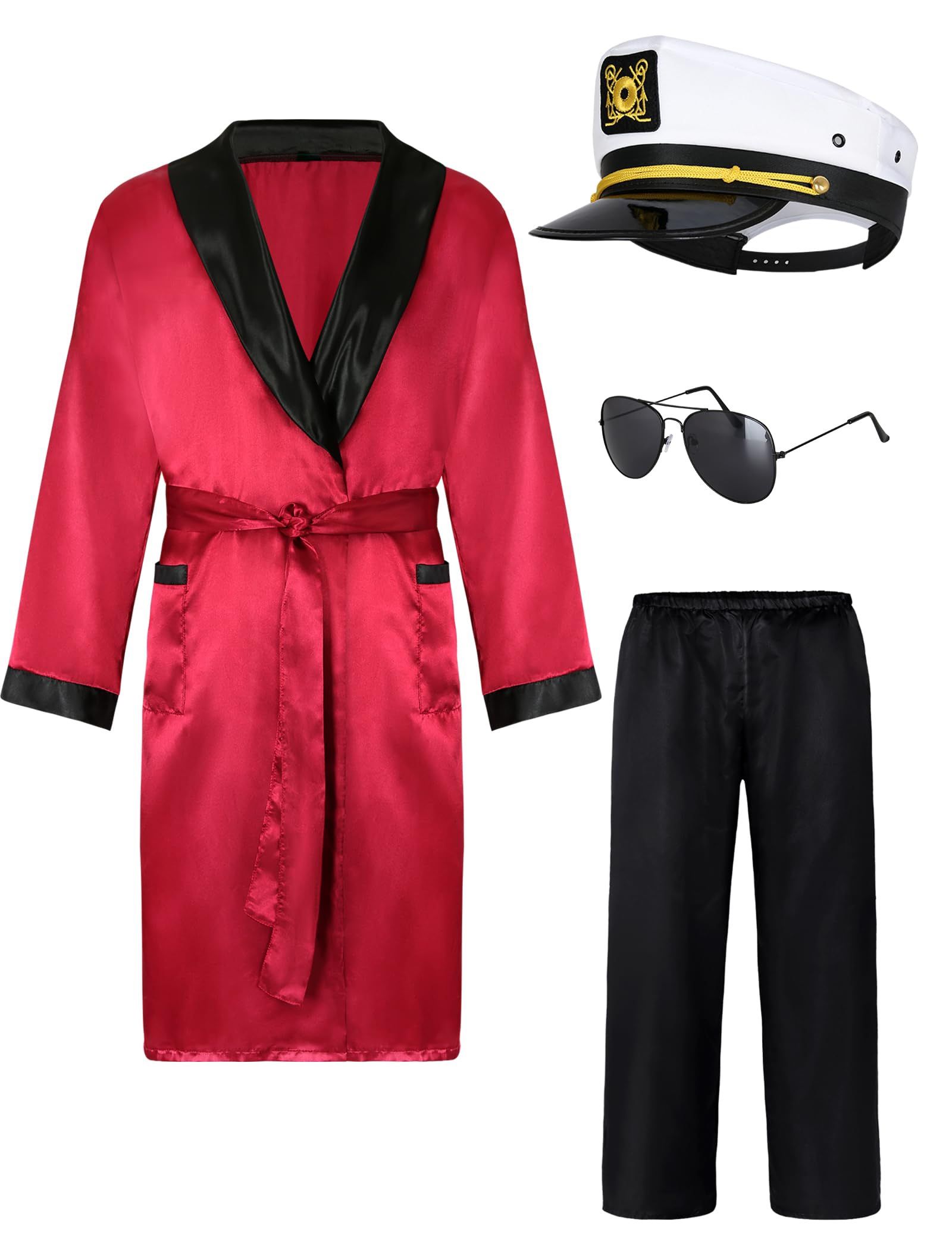 Hugh Hefner Playboy Men's Red Silk Robe Jacket And Black Pants Halloween Costume With Captain Hat And Pipe.