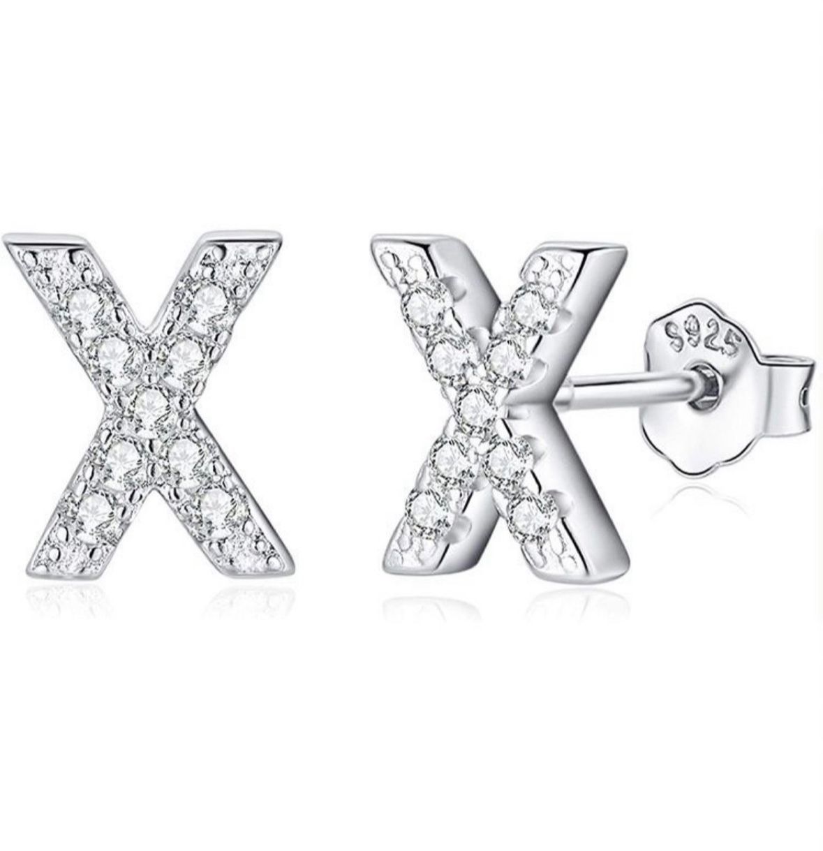 Silver Stud Dainty X Letter Earrings, 925 Sterling Silver, Cubic ZirconiaI Studs