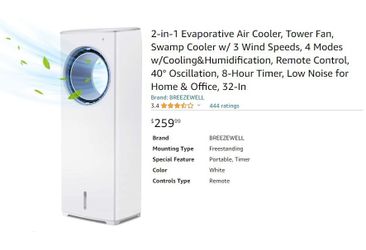 BREEZEWELL 2-in-1 Evaporative Air Cooler A/C No vent needed