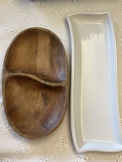 Dual-Section Wooden Serving Dish + Modern White Ceramic Tray