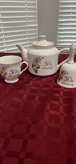50th Anniversary Tea Pot, Bell & Tea Cup 