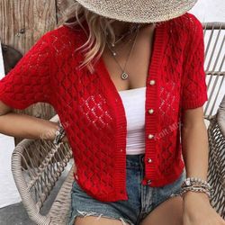 Women Casual V-Neck Short Sleeve Hollow-Out Loose Knit Cardigan (Pattern Random), Spring Summer（small）