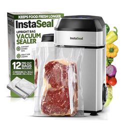 InstaSeal Vacuum Sealer for Food with 12 Bags, Preserves Foods 5x Longer, Space Saving Compact Uprig