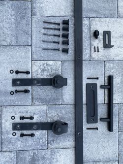 Barn Door Hardware Kit: Black Track, Hangers, Door Stops, Floor Guide, 2 Handles