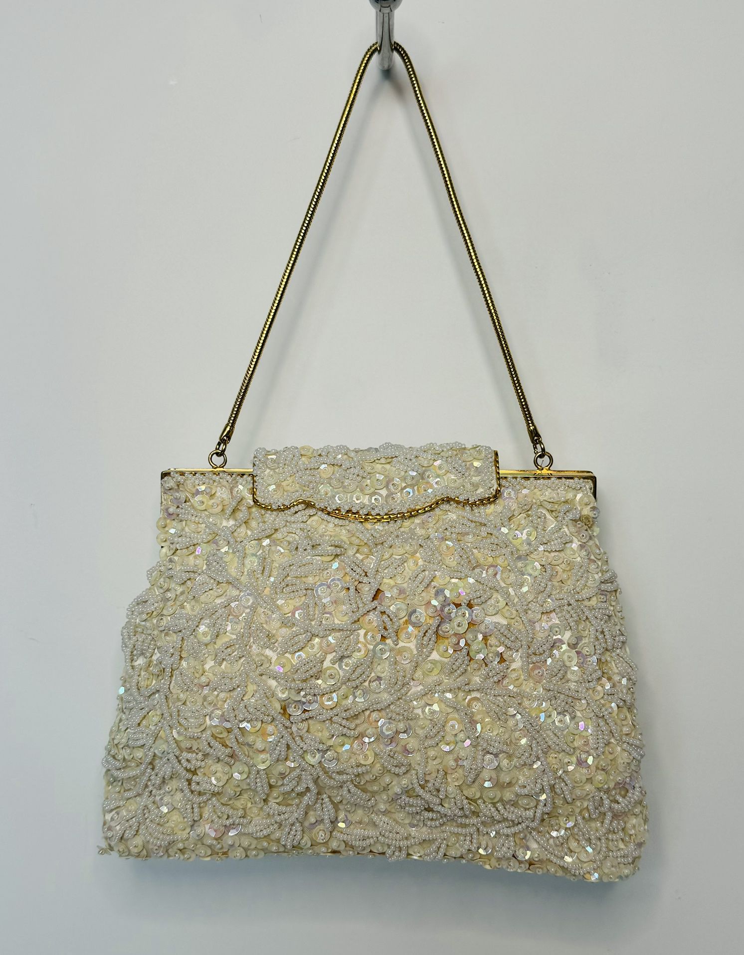 Vintage Cream Gold Beaded Handbag Clutch Evening Purse Hand Made In Hong Kong