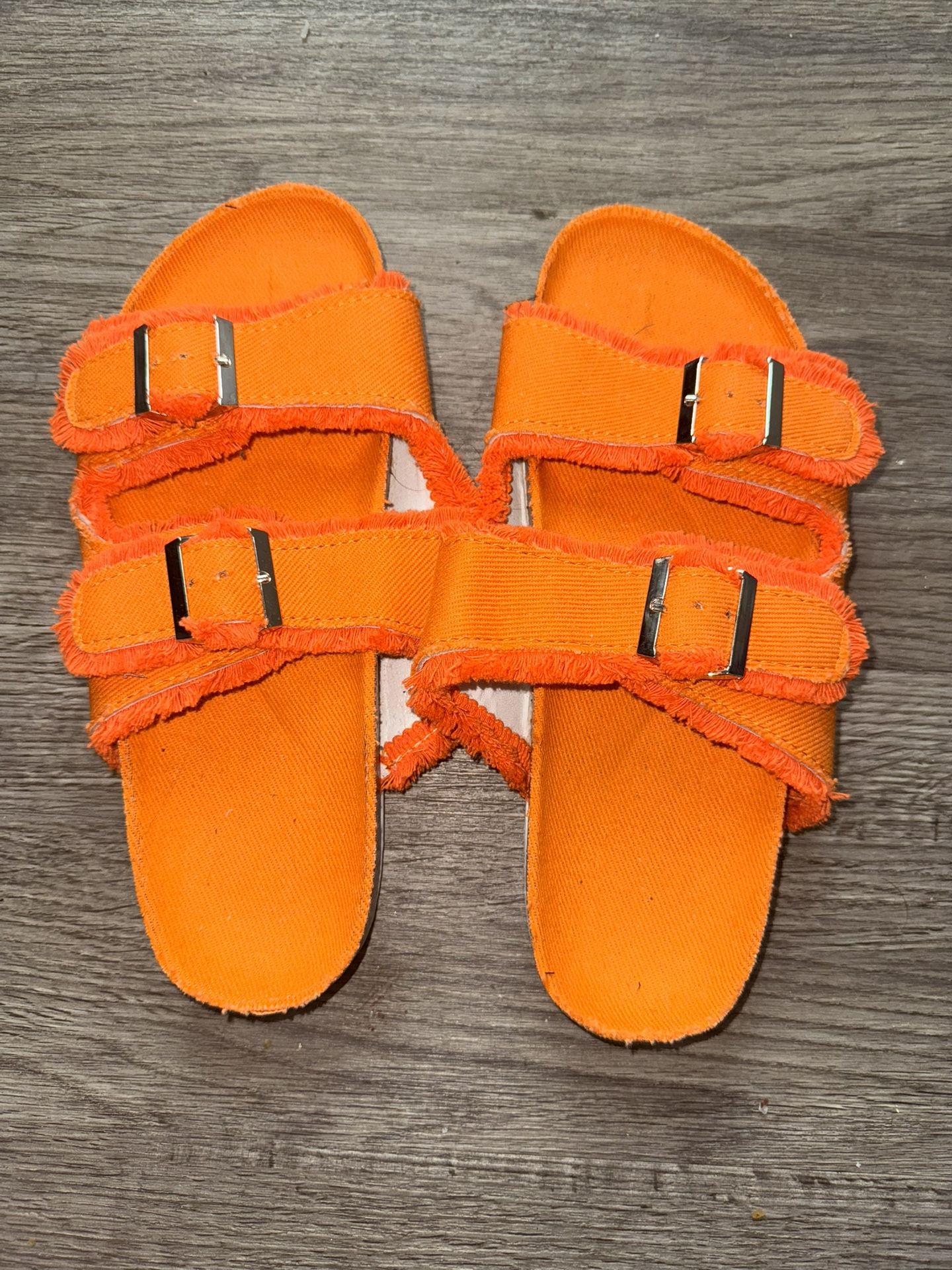 Bright Orange Frayed Buckle Slides – Size 8