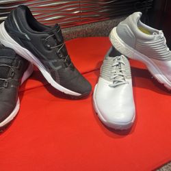 Golf, men’s golf shoes, the black is BOA Asics brand size 10.5 easy on and off with their tightening system. The white and gray is Addidas size 11.5. 
