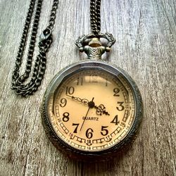 Vintage Pocket Watch Necklace Working Quartz Watch