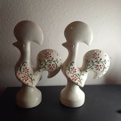 EXQUISITE Pair of 12" Ceramic Whimsical Rooster Figurines Made in Portugal.