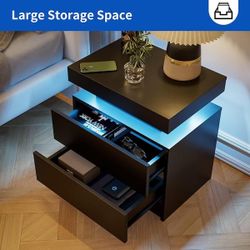 Black 2-Drawers Wood LED Nightstand Modern Bedside Table End Table with 16 LED Lightings for Bedroom Living Room
