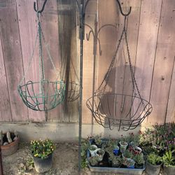 Large Shepards Hooks And Two Large Hanging Baskets 