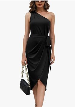 One Shoulder Cocktail Party Dress- Black - Size M