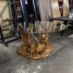 Hand Carved Wood Swan Table w Round Glass Top 