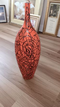 Large Orange Decorative Vase with Black Swirl Pattern