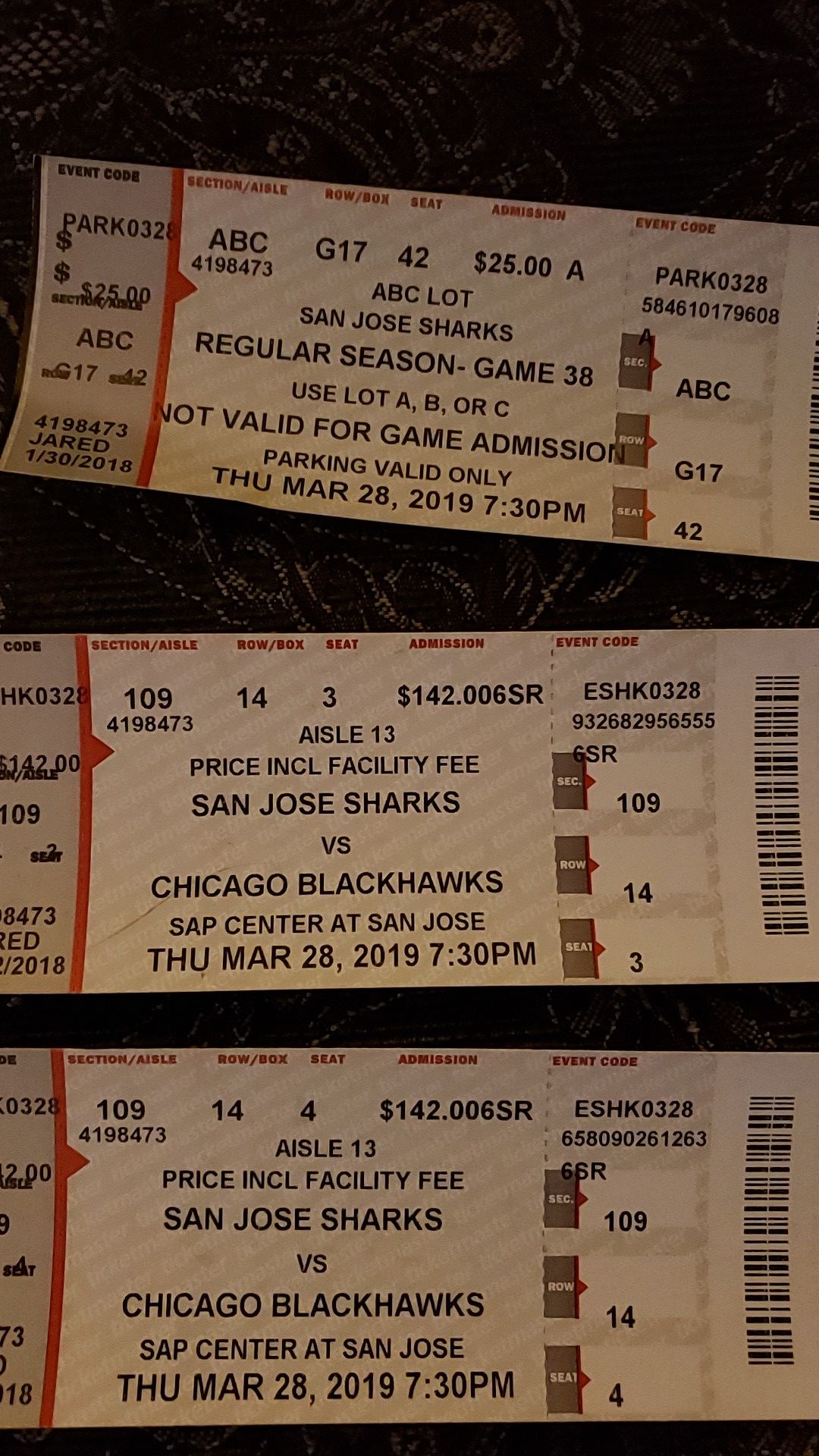 SJ Sharks vs. CHI Blackhawks 3/28