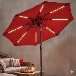 NEW Patio Umbrella With Solar LED Lights 9 Foot Outdoor Umbrella Tilt Adjustable