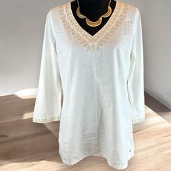 Eddie Bauer Ivory V Neck Embroidered Tunic 3/4 Sleeve Linen Rayon Womens  M Boho