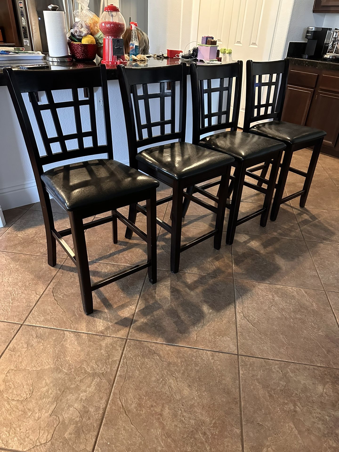 Wood Espresso counter high barstool set with black faux leather