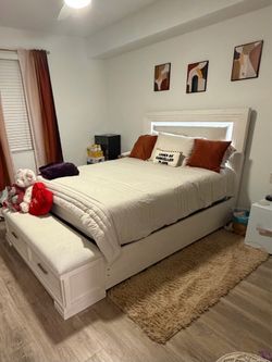 Queen size LED bed frame with storage bench