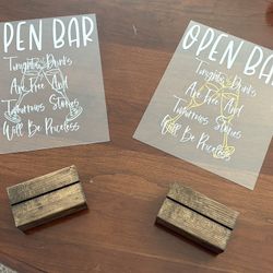 Acrylic Open Bar Signs W/ Wooden Stands 