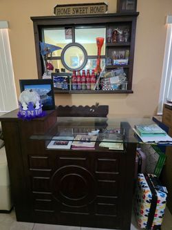 Bar-- Dark Wood Home Bar with Glass Top and Matching Wall Hutch