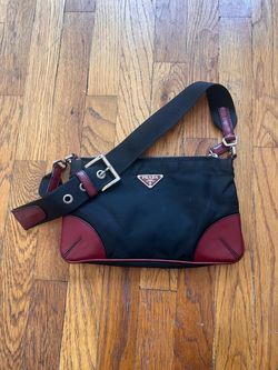 Prada Spazzolato-Trimmed Tessuto Burgundy Red & Black Shoulder Bag
