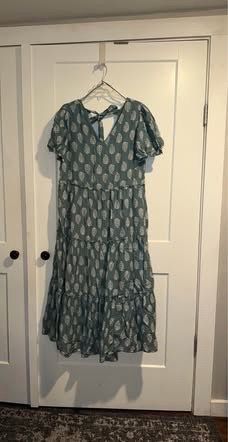 Women’s Lucky Brand Green Maxi Tiered Dress Boho Short Puff Sleeve V-neck Tie Back size large