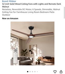 52 inch Solid Wood Ceiling Fans with Lights and Remote Dark Walnut Noiseless, Reversible DC Motor, 6 Speeds, Dimmable, Walnut Ceiling Fan for Farmhous
