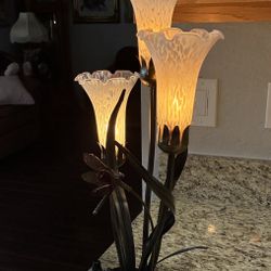 Authentic 3 Arm Lilly,Dale Tiffany Dragonfly Lily Accent Lamp. With hand blown glass shades and dragon with red glass wings.  Art Nouveau designs, thi