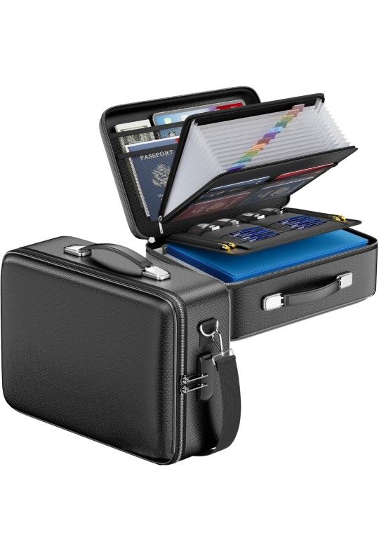 Brand New Fireproof Document Box with Lock&Shoulder Strap, Hard-Shell Case File Organizer with Accordion File Folder, Multi-Layer Portable Home Offic