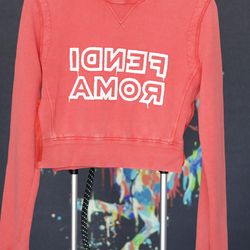 Fendi Roma Cropped Hoodie – Coral Pink Logo Sweatshirt, XS, New With Tags