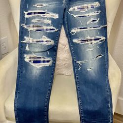 AMIRI MX1 DISTRESSED BLUE DENIM ITALIAN JEANS WITH CRINKLE PATCH SIZE 38