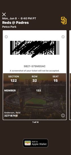 (4) tickets Padres v Reds 6/8