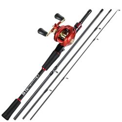 Fishing Rod Combo Carbon Fiber 4 Piece Casting Fishing Pole with 7.2:1 Gear ratio Baitcast Reel Set for Bass Pike Trout Fishing Tackle White