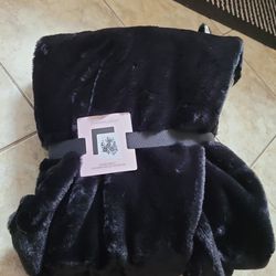 Victoria Secret Black Satin Fur Blanket New With Tags
