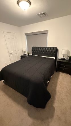 Queen bedroom set includes a queen-size bed frame w/head board, and 2 nightstands