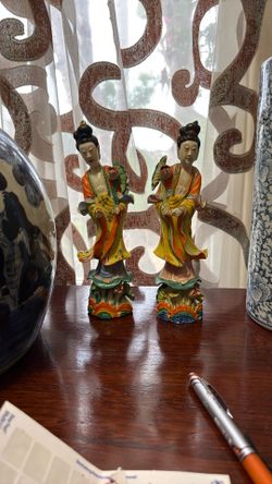 2 Pair Guanyin Lotus Flower Chinese Republic period Figurine Marked CHINA Statue