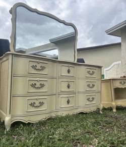 Vintage French Provincial Bedroom Set Dresser With Mirror Upright Chest Nightstand 61”Lx20”Wx33”H Dresser 24”Lx15”Wx24”H Nightstand  34.5”Lx18”Wx47”H 