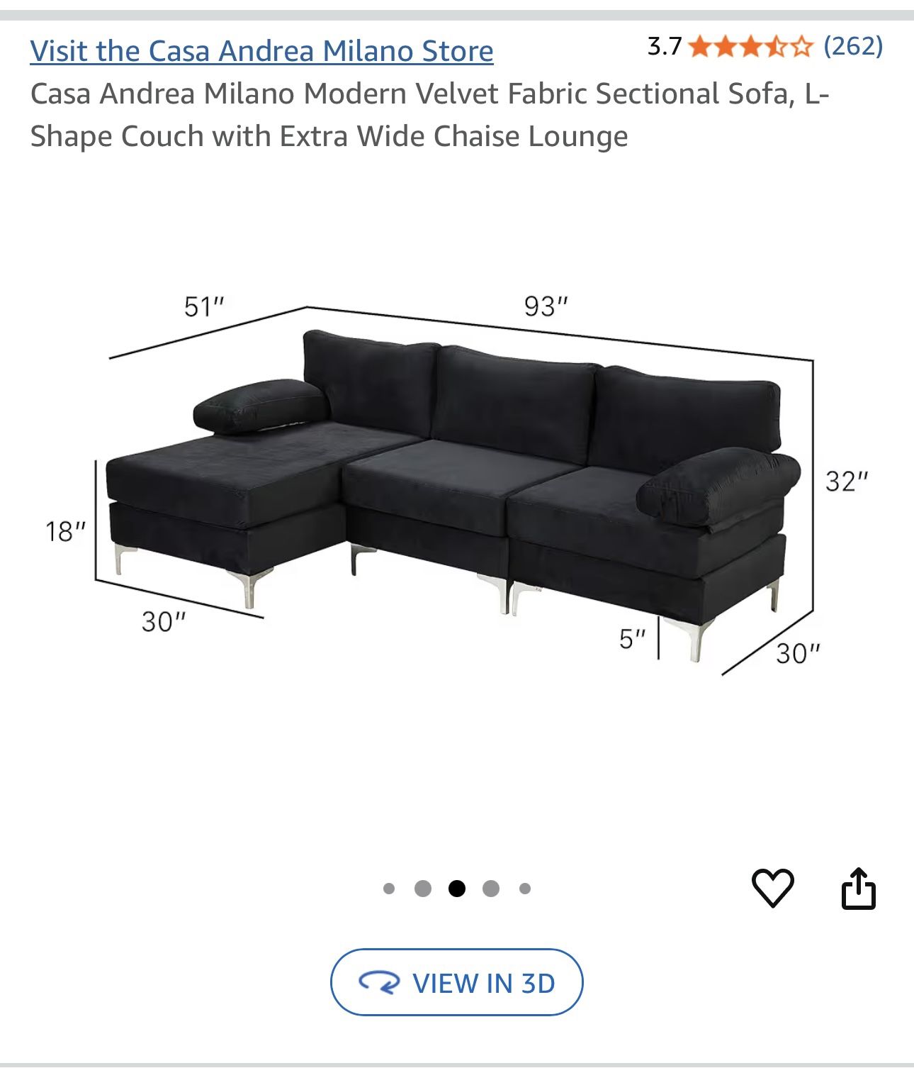 Casa Andrea Milano Modern Velvet Fabric Sectional Sofa, L- Shape Couch with Extra Wide Chaise Lounge